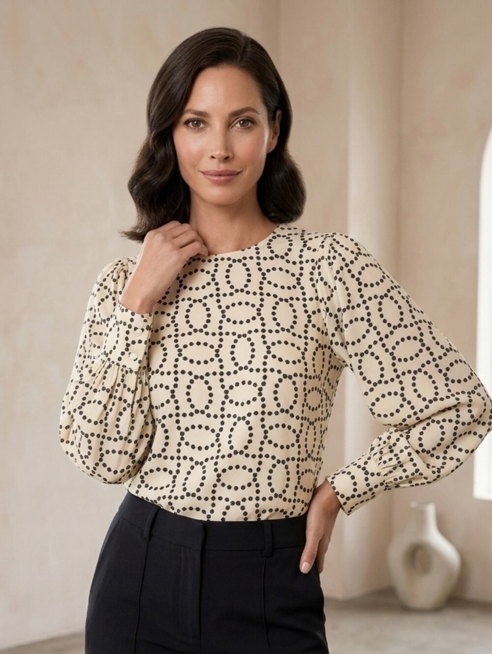 Philosophy Republic Clothing black and ivory swirling beads print top Sz S 100%